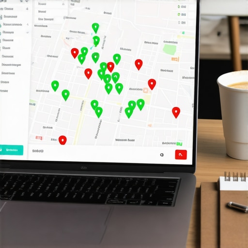 A laptop showing a local SEO grid map used for monitoring map pin rankings and local authority health.