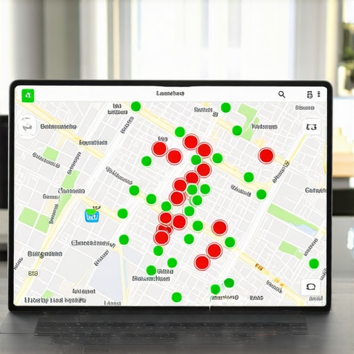 A local SEO heatmap showing ranking positions across a city grid for a business profile.