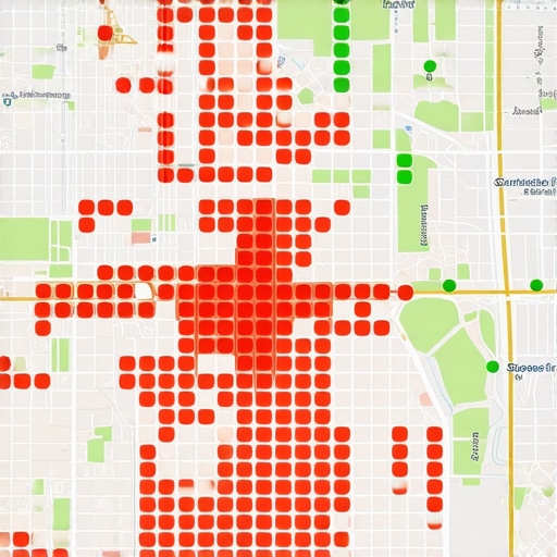 A map ranking heatmap showing varied local search visibility across different neighborhoods in a city grid.