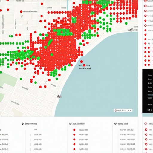 Local SEO Proximity Heat Map Analysis A screenshot of a local rank tracking tool showing geographical ranking variations across a neighborhood map.