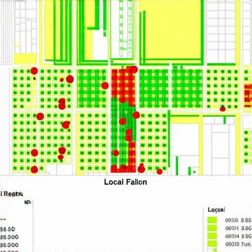 A detailed map showing local search ranking positions across a specific city neighborhood.