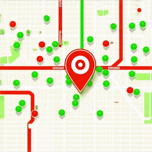 A detailed local SEO grid map showing ranking performance across a city neighborhood.