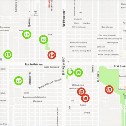 A digital map grid showing real-time local search rankings across different neighborhood coordinates.