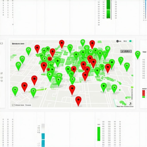 A 3D grid overlay on a city map showing local search ranking positions for a business entity.