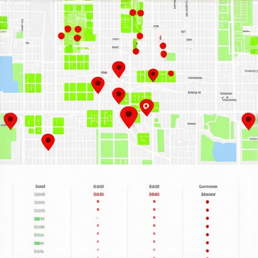 A screenshot of a local SEO grid map tracking software showing ranking prominence across a city.
