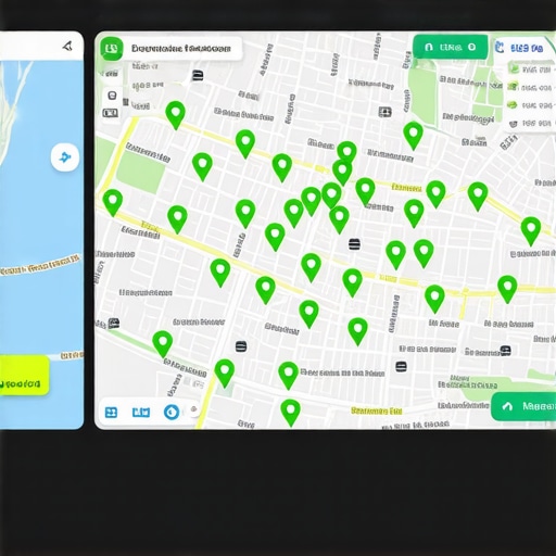 A grid-based map tracker showing green pins for local search rankings