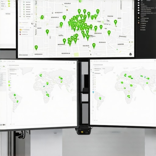 A digital dashboard showing green ranking pins across a local map for SEO tracking.