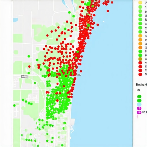 A localized heatmap showing Google Maps ranking positions across different street corners.