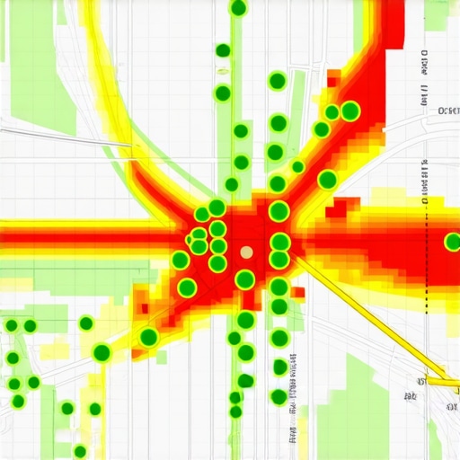 A geogrid heatmap showing Google Maps ranking positions across a specific geographic area.
