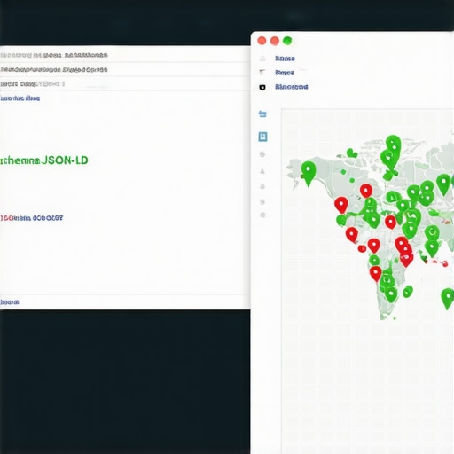 A computer screen displaying structured schema code and a local map ranking grid validation tool