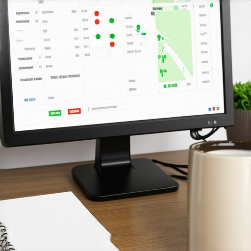 A desk with SEO ranking software on screen and manual audit notes on a notebook.