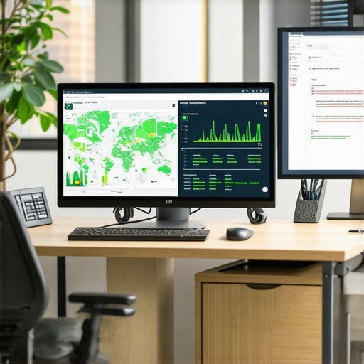 A digital dashboard showing local SEO ranking heat maps and entity schema code for business maintenance.