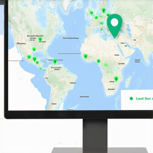Maintaining Local SEO Coordinates and Map Boundaries A computer screen showing a mapped out service area polygon with green pins for local SEO maintenance