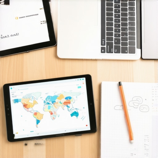 A modern desk with a laptop and tablet tracking local map pack rankings and cloud node authority stacks.