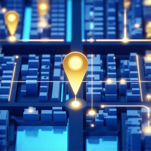 A 3D visualization showing local business pins connected by authority links on a neighborhood map.