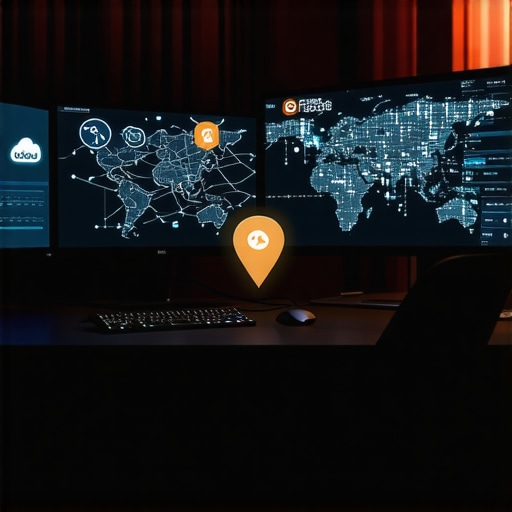 A high-tech workspace showing local SEO authority stacking tools and map ranking visualizations.