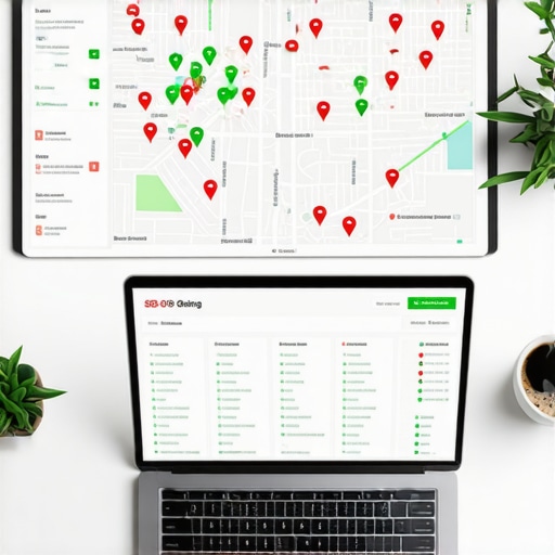 A digital dashboard showing local map ranking pins and authority stack tracking for a local business.