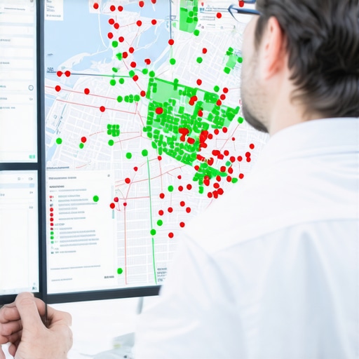 A local search grid heatmap showing ranking positions across different neighborhoods in a city.