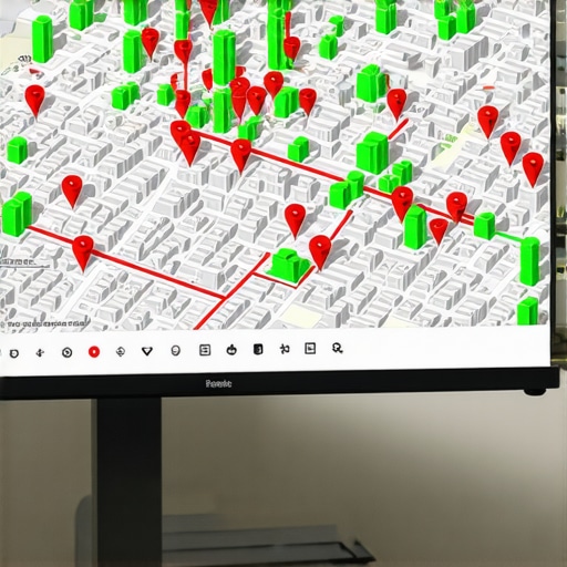 A professional local SEO monitoring tool showing geolocated map ranking grid nodes over a city map
