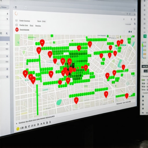 A local SEO rank tracking dashboard showing geographic relevance across a city map