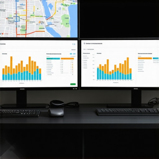 Monitoring Local SEO Ranking Grids A desk with monitors displaying local SEO heatmaps and ranking data for a business location.