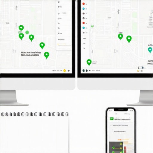 Monitoring Local SEO Rankings Tool A digital dashboard showing successful local map pack rankings and SEO tools on a professional desk.