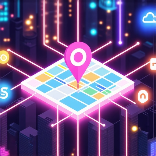 A digital visualization of a multi-cloud authority stack connecting to a local business map pin.