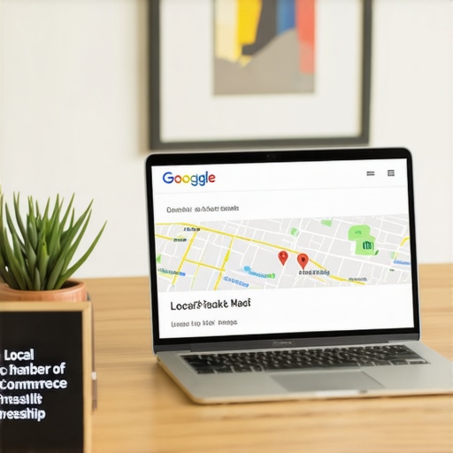 A Chamber of Commerce membership plaque and local SEO ranking results on a laptop screen.
