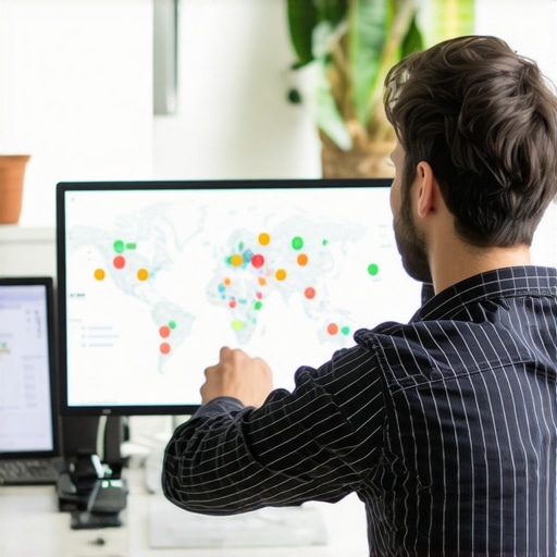 A digital marketer analyzing local map pack metrics and search engine optimization data on screens.