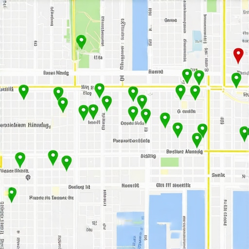 Local SEO proximity heatmap showing search rankings across a specific neighborhood.