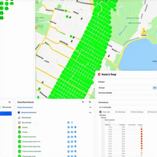 A heat map showing green ranking nodes for local SEO maintenance across a city.