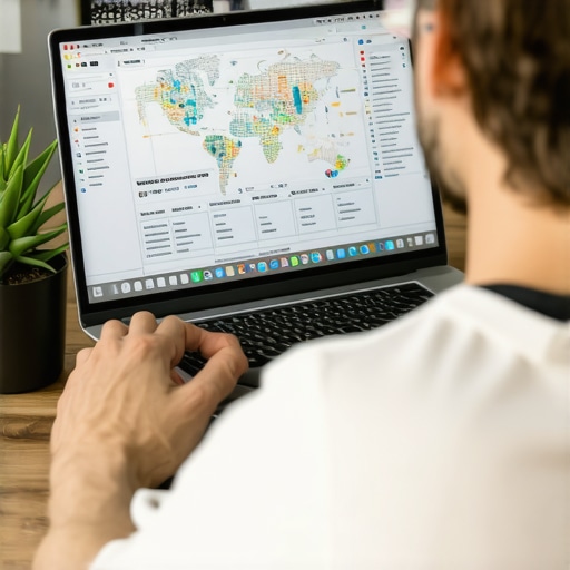 An SEO specialist checking coordinates and schema data on a laptop