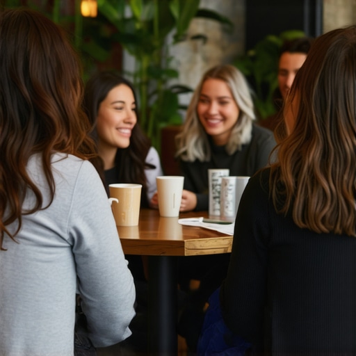 A local neighborhood meetup group discussing community events in a cozy local cafe.