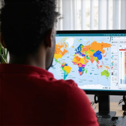 Technical SEO Dashboard for Local Map Scaling An SEO professional auditing local search ranking data and map pins on a computer monitor.