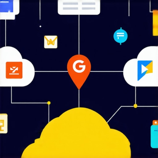 Diagram showing local and cloud signals connecting to a map pin for SEO authority.