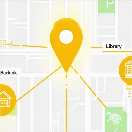 Diagram showing a business map pin connected to local neighborhood entities via digital links.