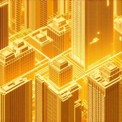 A 3D city map showing a business location connected to local landmarks via digital data signals.