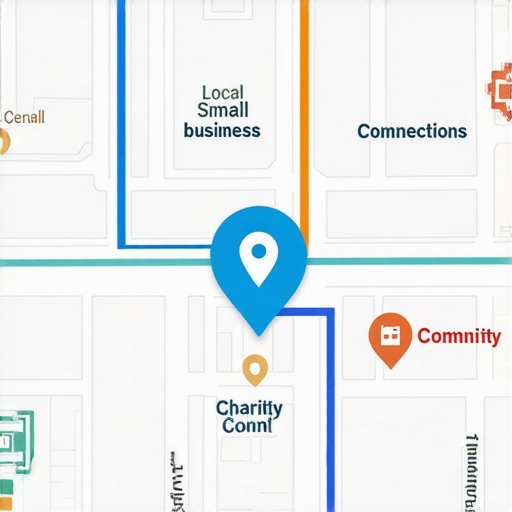 Diagram showing how local sponsorships and charity links connect a business to its neighborhood map.