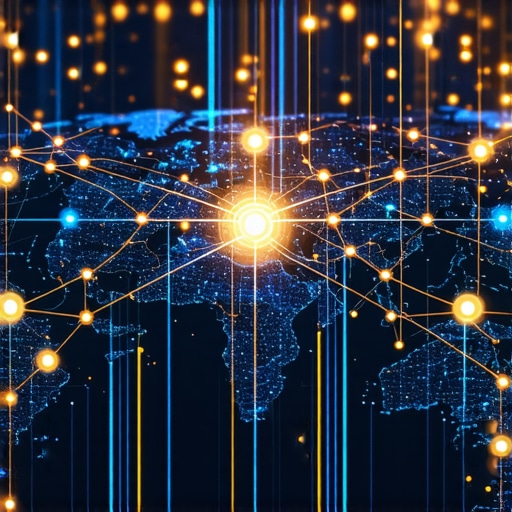 Graphic showing interconnected digital nodes on a city map representing local SEO authority.