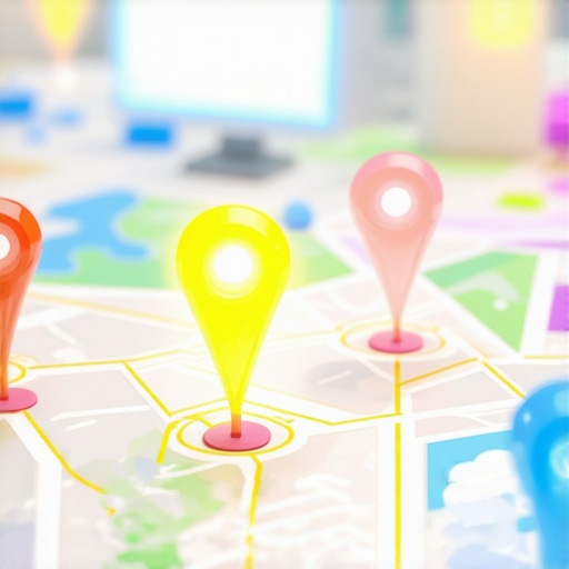 A 3D map showing glowing business pins and digital connections to cloud nodes for local search optimization.