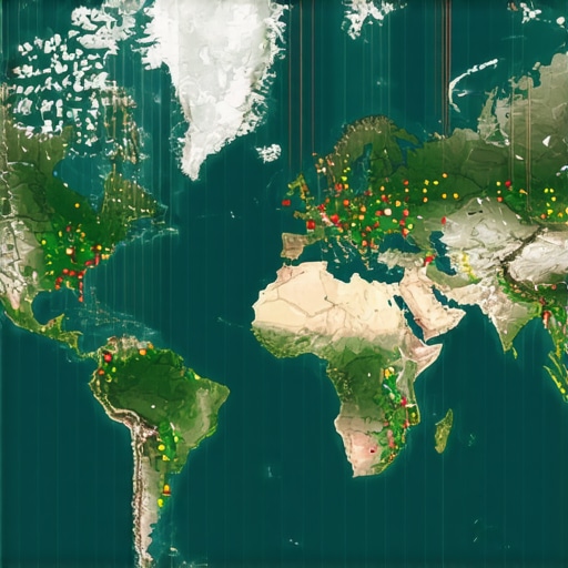 A 3D local search grid overlaying a metropolitan map indicating ranking strength.