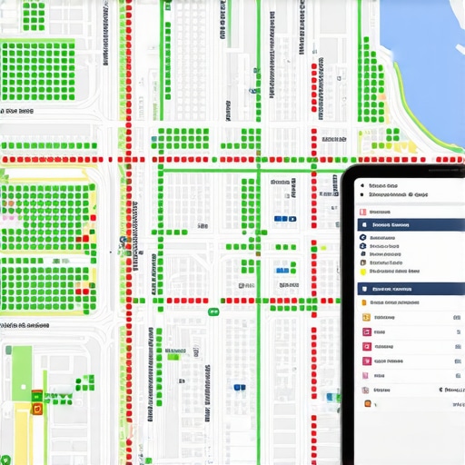 A heatmap grid overlaying a city map showing local SEO ranking performance and proximity signals.