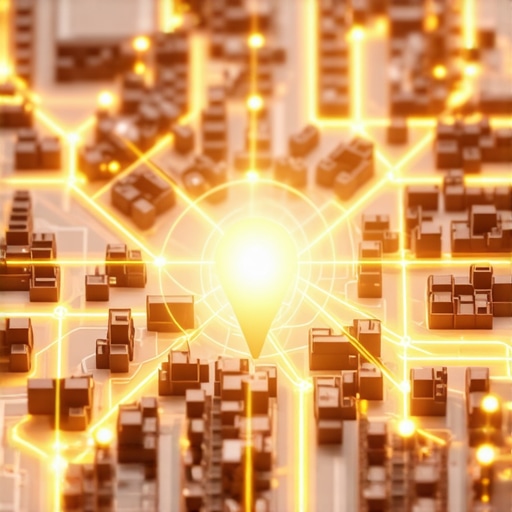 A 3D visualization of a local authority stack network with interconnected nodes and a glowing map pin.
