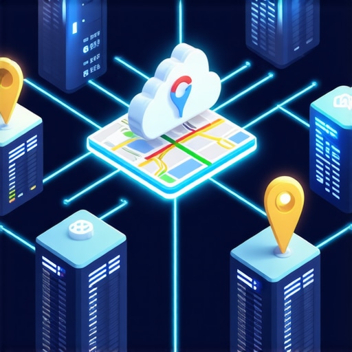 3D graphic of cloud nodes and location pins showing data synchronization for local rankings.