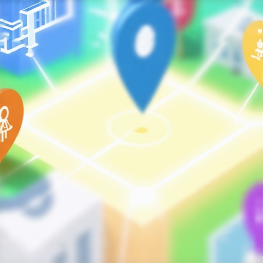 Conceptual map showing hyper-local community nodes connecting to a business map pin.