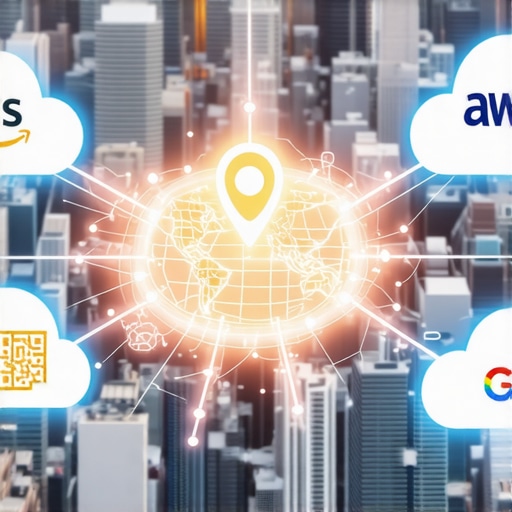 A network diagram showing multi-cloud nodes connected to a local map pin representing authority stacking