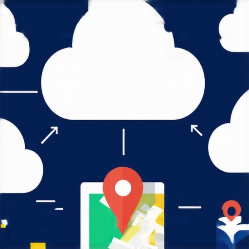 A 3D map pin interconnected with cloud nodes and local icons to demonstrate local SEO authority stacking.