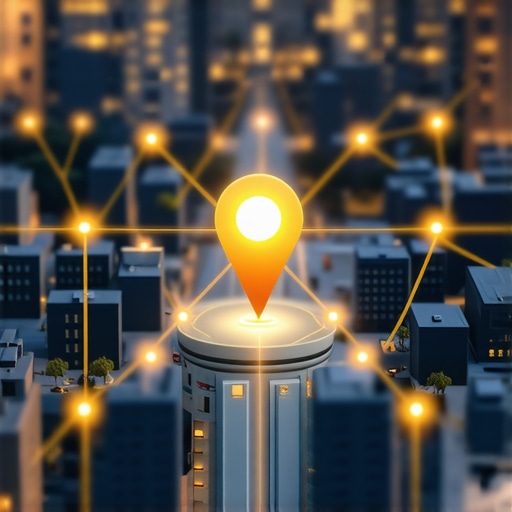 A network of glowing digital nodes connecting a local business pin to neighborhood landmarks for SEO authority.