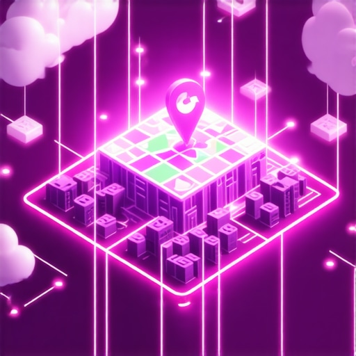 An isometric 3D visualization showing cloud nodes connecting to a central Google Maps pin on a city layout.