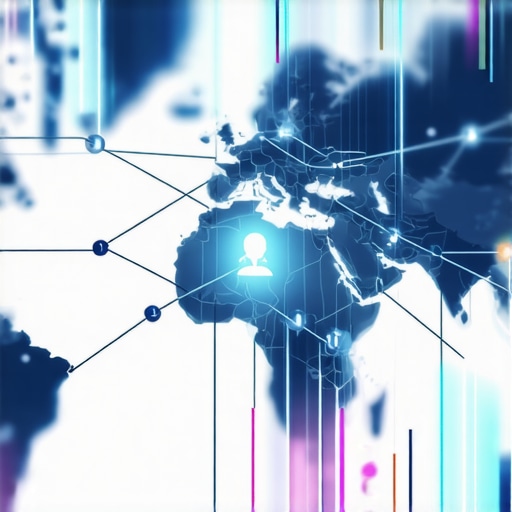 A complex network diagram showing local SEO authority stacking with cloud nodes and geographic signals.